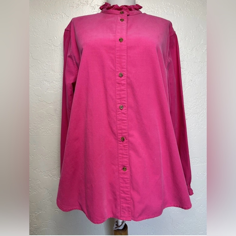 J.Crew Shirt Women Size 8 Button Front Down Pink Ruffle Neck long Cotton‎ Blouse
